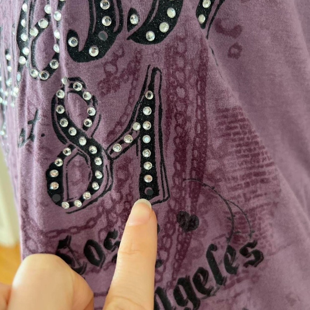 Guess Womens Purple Graphic Rhinestone Shirt Grunge Alt Girl Short Sleeve Large - Picture 4 of 6